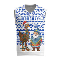 Uruguay Christmas Knitted V-Neck Vest with Santa Claus Rhea Bird Holiday Lights and Blue Geometric Pattern - Wonder Print Shop