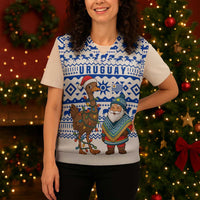 Uruguay Christmas Knitted V-Neck Vest with Santa Claus Rhea Bird Holiday Lights and Blue Geometric Pattern - Wonder Print Shop