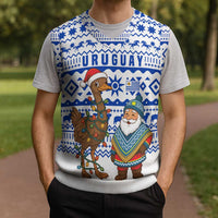 Uruguay Christmas Knitted V-Neck Vest with Santa Claus Rhea Bird Holiday Lights and Blue Geometric Pattern - Wonder Print Shop