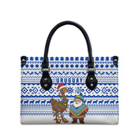 Uruguay Christmas Leather Bag with Santa Claus Rhea Bird Holiday Lights and Blue Geometric Pattern - Wonder Print Shop