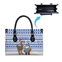 Uruguay Christmas Leather Bag with Santa Claus Rhea Bird Holiday Lights and Blue Geometric Pattern - Wonder Print Shop