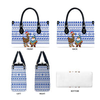 Uruguay Christmas Leather Bag with Santa Claus Rhea Bird Holiday Lights and Blue Geometric Pattern - Wonder Print Shop