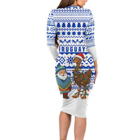 Uruguay Christmas Long Sleeve Bodycon Dress with Santa Claus Rhea Bird Holiday Lights and Blue Geometric Pattern - Wonder Print Shop