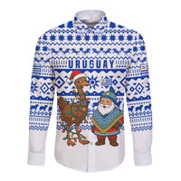 Uruguay Christmas Long Sleeve Button Shirt with Santa Claus Rhea Bird Holiday Lights and Blue Geometric Pattern - Wonder Print Shop