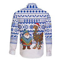 Uruguay Christmas Long Sleeve Button Shirt with Santa Claus Rhea Bird Holiday Lights and Blue Geometric Pattern - Wonder Print Shop