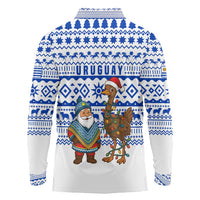 Uruguay Christmas Long Sleeve Polo Shirt with Santa Claus Rhea Bird Holiday Lights and Blue Geometric Pattern - Wonder Print Shop