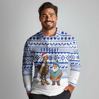 Uruguay Christmas Long Sleeve Polo Shirt with Santa Claus Rhea Bird Holiday Lights and Blue Geometric Pattern - Wonder Print Shop