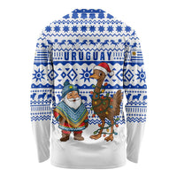 Uruguay Christmas Long Sleeve Shirt with Santa Claus Rhea Bird Holiday Lights and Blue Geometric Pattern - Wonder Print Shop