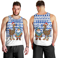 Uruguay Christmas Men Tank Top with Santa Claus Rhea Bird Holiday Lights and Blue Geometric Pattern - Wonder Print Shop