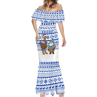 Uruguay Christmas Mermaid Dress with Santa Claus Rhea Bird Holiday Lights and Blue Geometric Pattern - Wonder Print Shop