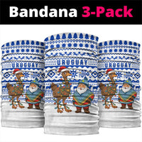 Uruguay Christmas Neck Gaiter with Santa Claus Rhea Bird Holiday Lights and Blue Geometric Pattern - Wonder Print Shop