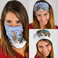 Uruguay Christmas Neck Gaiter with Santa Claus Rhea Bird Holiday Lights and Blue Geometric Pattern - Wonder Print Shop
