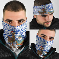 Uruguay Christmas Neck Gaiter with Santa Claus Rhea Bird Holiday Lights and Blue Geometric Pattern - Wonder Print Shop