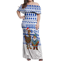 Uruguay Christmas Off Shoulder Maxi Dress with Santa Claus Rhea Bird Holiday Lights and Blue Geometric Pattern - Wonder Print Shop