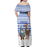 Uruguay Christmas Off Shoulder Maxi Dress with Santa Claus Rhea Bird Holiday Lights and Blue Geometric Pattern - Wonder Print Shop
