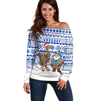 Uruguay Christmas Off Shoulder Sweater with Santa Claus Rhea Bird Holiday Lights and Blue Geometric Pattern - Wonder Print Shop