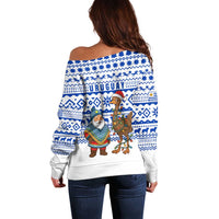 Uruguay Christmas Off Shoulder Sweater with Santa Claus Rhea Bird Holiday Lights and Blue Geometric Pattern - Wonder Print Shop