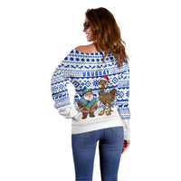 Uruguay Christmas Off Shoulder Sweater with Santa Claus Rhea Bird Holiday Lights and Blue Geometric Pattern - Wonder Print Shop