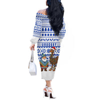 Uruguay Christmas Off The Shoulder Long Sleeve Dress with Santa Claus Rhea Bird Holiday Lights and Blue Geometric Pattern - Wonder Print Shop