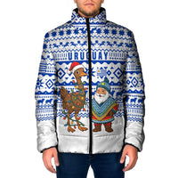 Uruguay Christmas Padded Jacket with Santa Claus Rhea Bird Holiday Lights and Blue Geometric Pattern - Wonder Print Shop