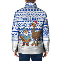 Uruguay Christmas Padded Jacket with Santa Claus Rhea Bird Holiday Lights and Blue Geometric Pattern - Wonder Print Shop