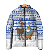 Uruguay Christmas Padded Jacket with Santa Claus Rhea Bird Holiday Lights and Blue Geometric Pattern - Wonder Print Shop