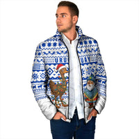 Uruguay Christmas Padded Jacket with Santa Claus Rhea Bird Holiday Lights and Blue Geometric Pattern - Wonder Print Shop