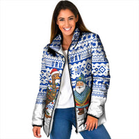 Uruguay Christmas Padded Jacket with Santa Claus Rhea Bird Holiday Lights and Blue Geometric Pattern - Wonder Print Shop