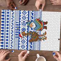 Uruguay Christmas Puzzle with Santa Claus Rhea Bird Holiday Lights and Blue Geometric Pattern - Wonder Print Shop