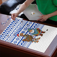 Uruguay Christmas Puzzle with Santa Claus Rhea Bird Holiday Lights and Blue Geometric Pattern - Wonder Print Shop