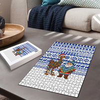 Uruguay Christmas Puzzle with Santa Claus Rhea Bird Holiday Lights and Blue Geometric Pattern - Wonder Print Shop
