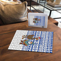 Uruguay Christmas Puzzle with Santa Claus Rhea Bird Holiday Lights and Blue Geometric Pattern - Wonder Print Shop