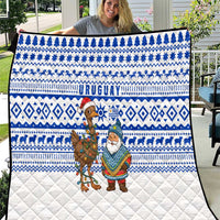 Uruguay Christmas Quilt with Santa Claus Rhea Bird Holiday Lights and Blue Geometric Pattern - Wonder Print Shop