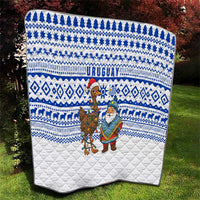 Uruguay Christmas Quilt with Santa Claus Rhea Bird Holiday Lights and Blue Geometric Pattern - Wonder Print Shop