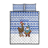 Uruguay Christmas Quilt Bed Set with Santa Claus Rhea Bird Holiday Lights and Blue Geometric Pattern - Wonder Print Shop