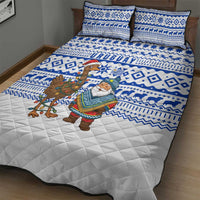 Uruguay Christmas Quilt Bed Set with Santa Claus Rhea Bird Holiday Lights and Blue Geometric Pattern - Wonder Print Shop