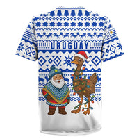 Uruguay Christmas Rugby Jersey with Santa Claus Rhea Bird Holiday Lights and Blue Geometric Pattern - Wonder Print Shop