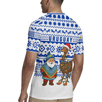 Uruguay Christmas Rugby Jersey with Santa Claus Rhea Bird Holiday Lights and Blue Geometric Pattern - Wonder Print Shop