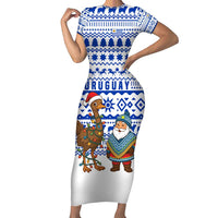 Uruguay Christmas Short Sleeve Bodycon Dress with Santa Claus Rhea Bird Holiday Lights and Blue Geometric Pattern - Wonder Print Shop