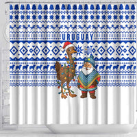 Uruguay Christmas Shower Curtain with Santa Claus Rhea Bird Holiday Lights and Blue Geometric Pattern - Wonder Print Shop