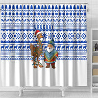 Uruguay Christmas Shower Curtain with Santa Claus Rhea Bird Holiday Lights and Blue Geometric Pattern - Wonder Print Shop