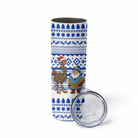 Uruguay Christmas Skinny Tumbler with Santa Claus Rhea Bird Holiday Lights and Blue Geometric Pattern - Wonder Print Shop
