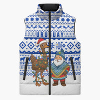 Uruguay Christmas Sleeveless Puffer Jacket with Santa Claus Rhea Bird Holiday Lights and Blue Geometric Pattern - Wonder Print Shop