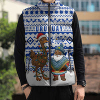 Uruguay Christmas Sleeveless Puffer Jacket with Santa Claus Rhea Bird Holiday Lights and Blue Geometric Pattern - Wonder Print Shop