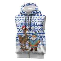 Uruguay Christmas Sleeveless Zip Hoodie with Santa Claus Rhea Bird Holiday Lights and Blue Geometric Pattern - Wonder Print Shop
