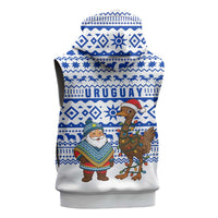 Uruguay Christmas Sleeveless Zip Hoodie with Santa Claus Rhea Bird Holiday Lights and Blue Geometric Pattern - Wonder Print Shop
