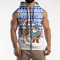 Uruguay Christmas Sleeveless Zip Hoodie with Santa Claus Rhea Bird Holiday Lights and Blue Geometric Pattern - Wonder Print Shop