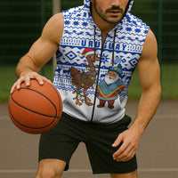 Uruguay Christmas Sleeveless Zip Hoodie with Santa Claus Rhea Bird Holiday Lights and Blue Geometric Pattern - Wonder Print Shop