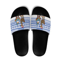 Uruguay Christmas Slide Sandals with Santa Claus Rhea Bird Holiday Lights and Blue Geometric Pattern - Wonder Print Shop