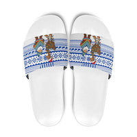 Uruguay Christmas Slide Sandals with Santa Claus Rhea Bird Holiday Lights and Blue Geometric Pattern - Wonder Print Shop
